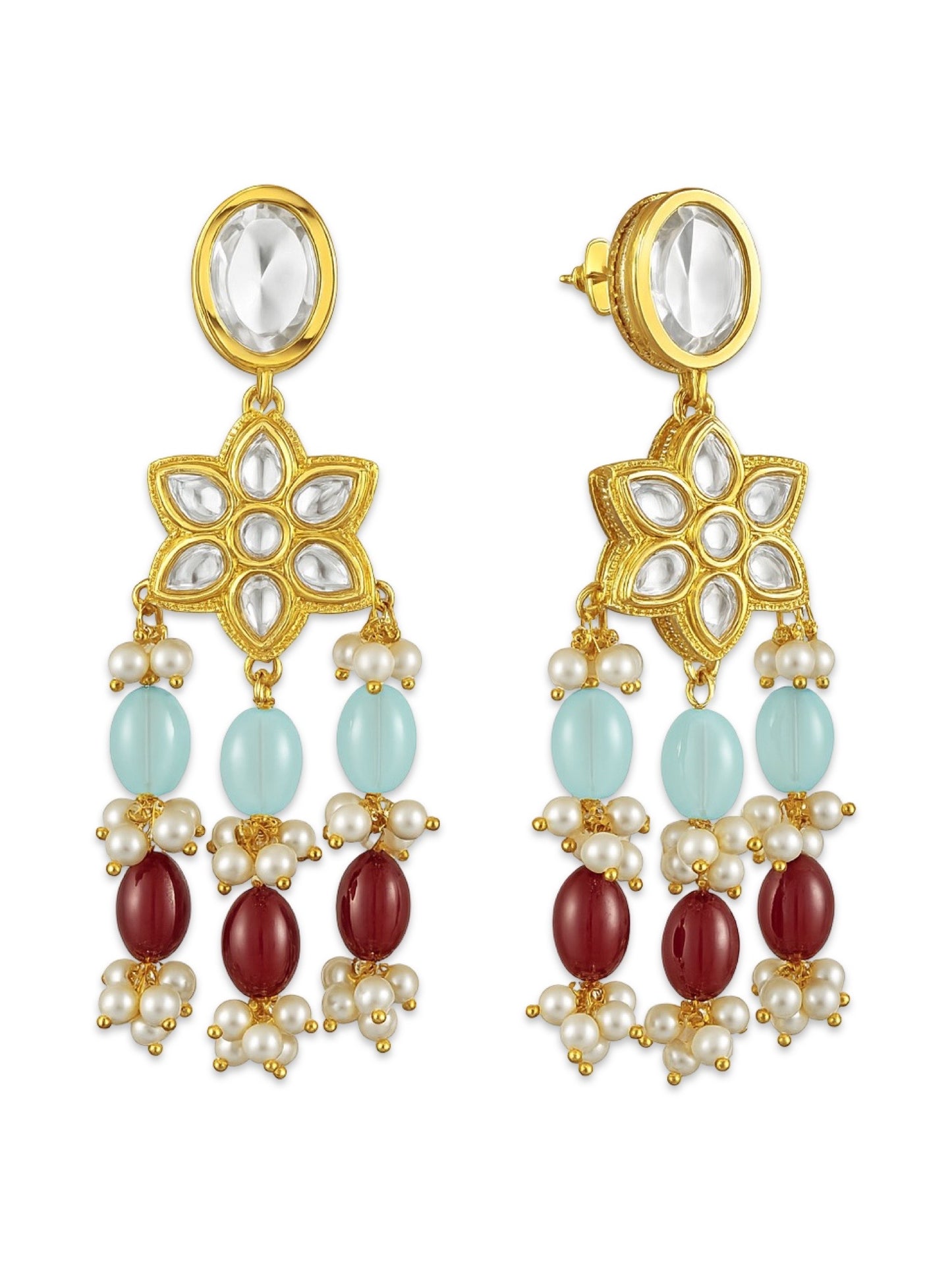 Elephant Pendant Aqua Blue/Maroon Beads & Pearl Mala Necklace Set