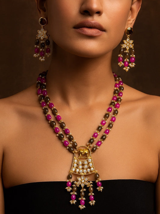 Elephant Pendant Pink/Grey Beads & Pearl Mala Necklace Set