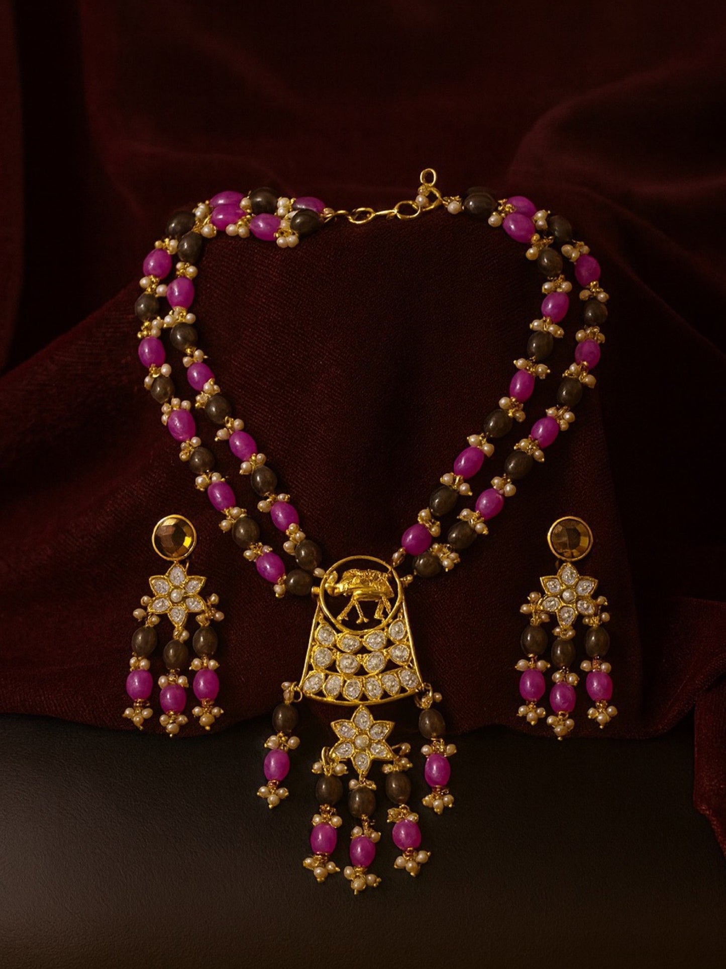 Elephant Pendant Pink/Grey Beads & Pearl Mala Necklace Set