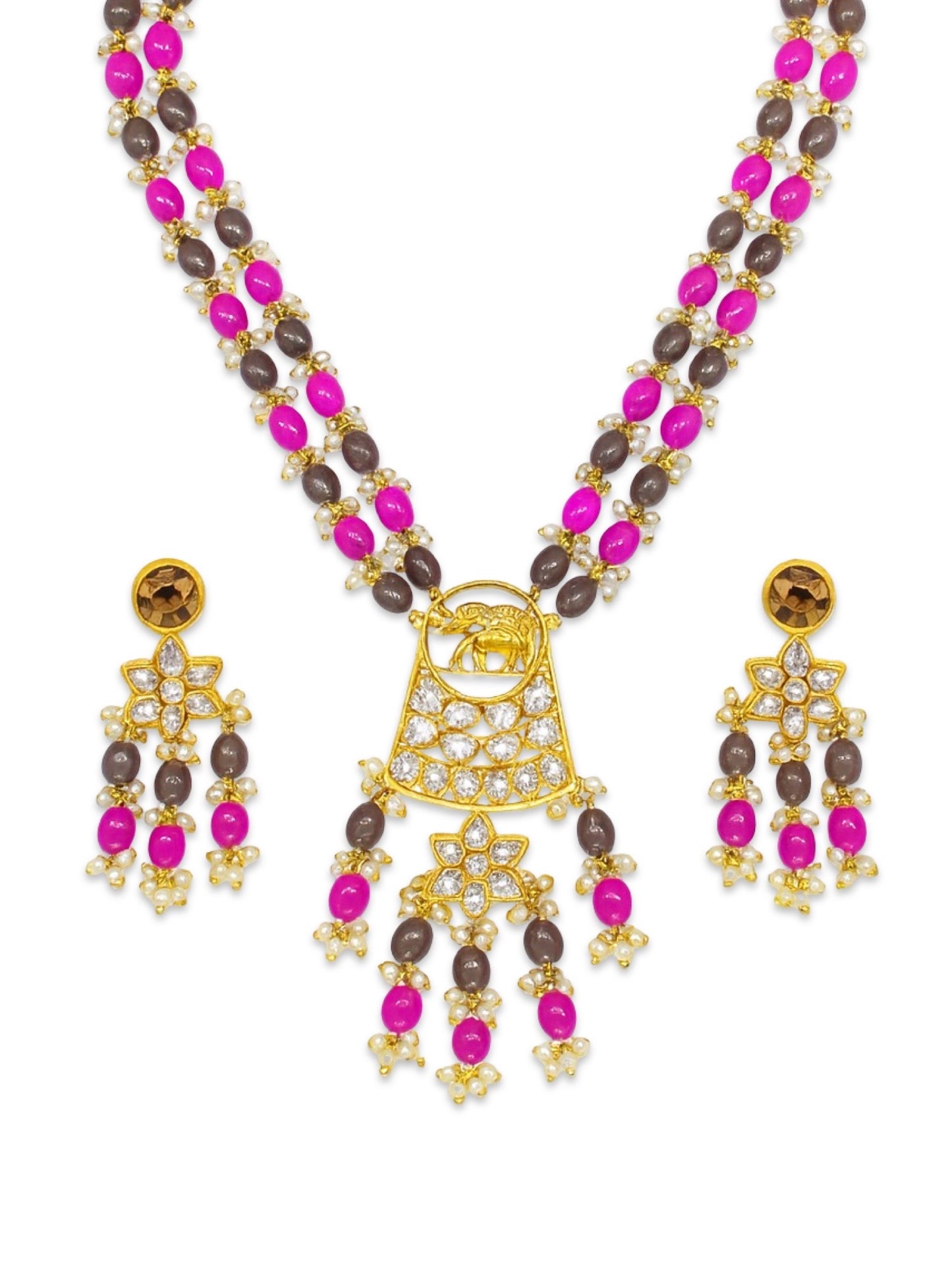 Elephant Pendant Pink/Grey Beads & Pearl Mala Necklace Set