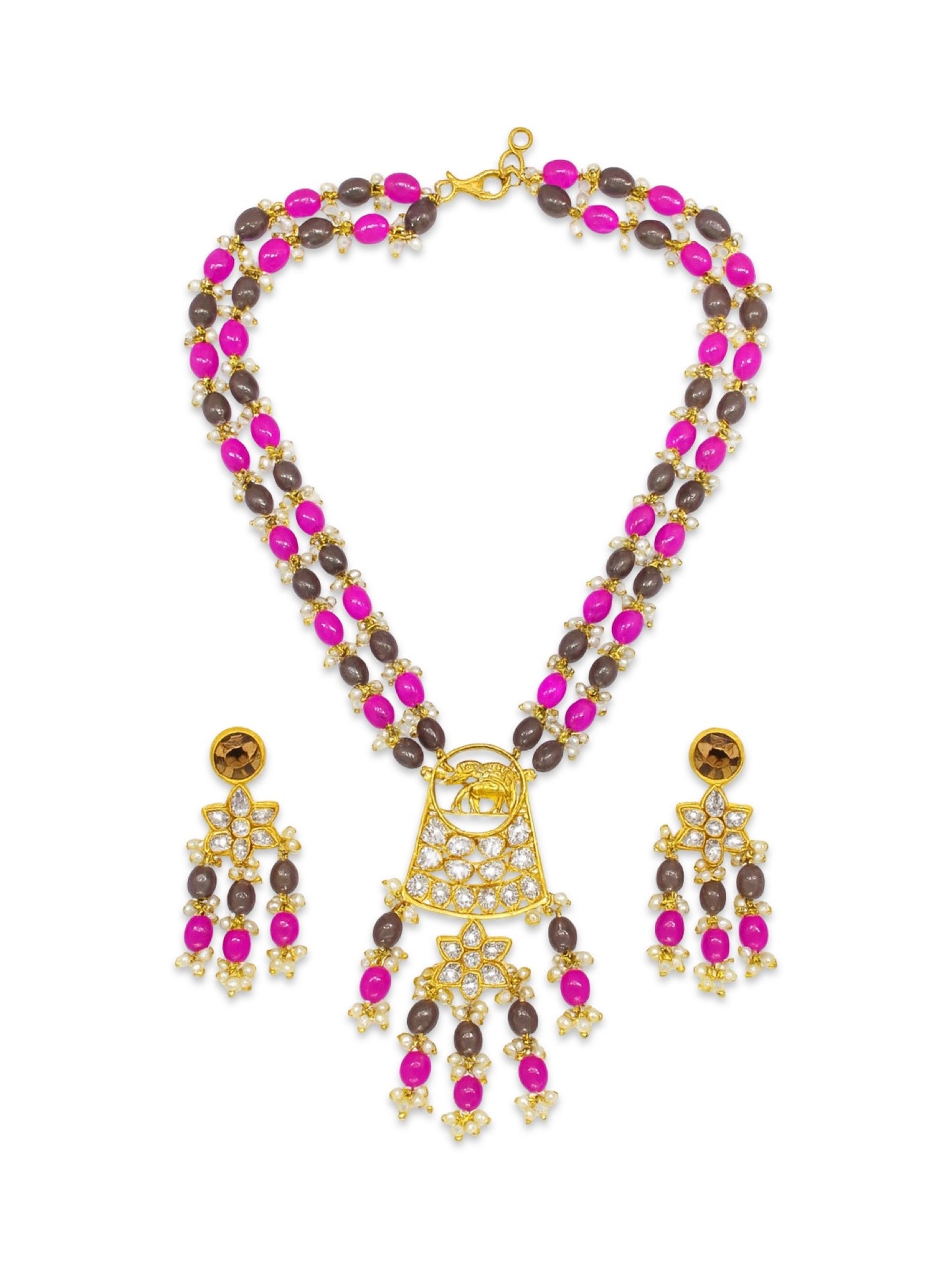 Elephant Pendant Pink/Grey Beads & Pearl Mala Necklace Set