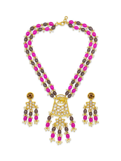 Elephant Pendant Pink/Grey Beads & Pearl Mala Necklace Set