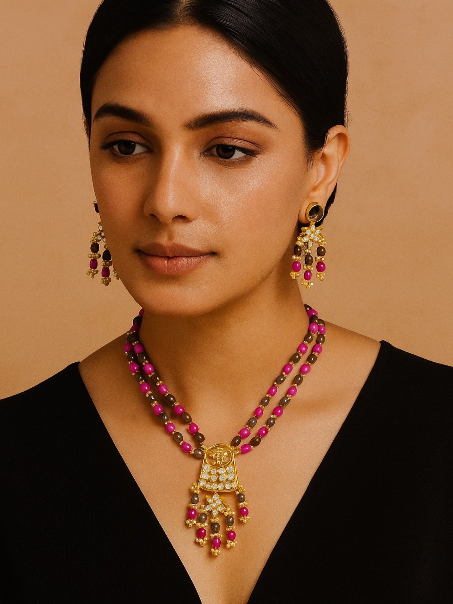 Elephant Pendant Pink/Grey Beads & Pearl Mala Necklace Set