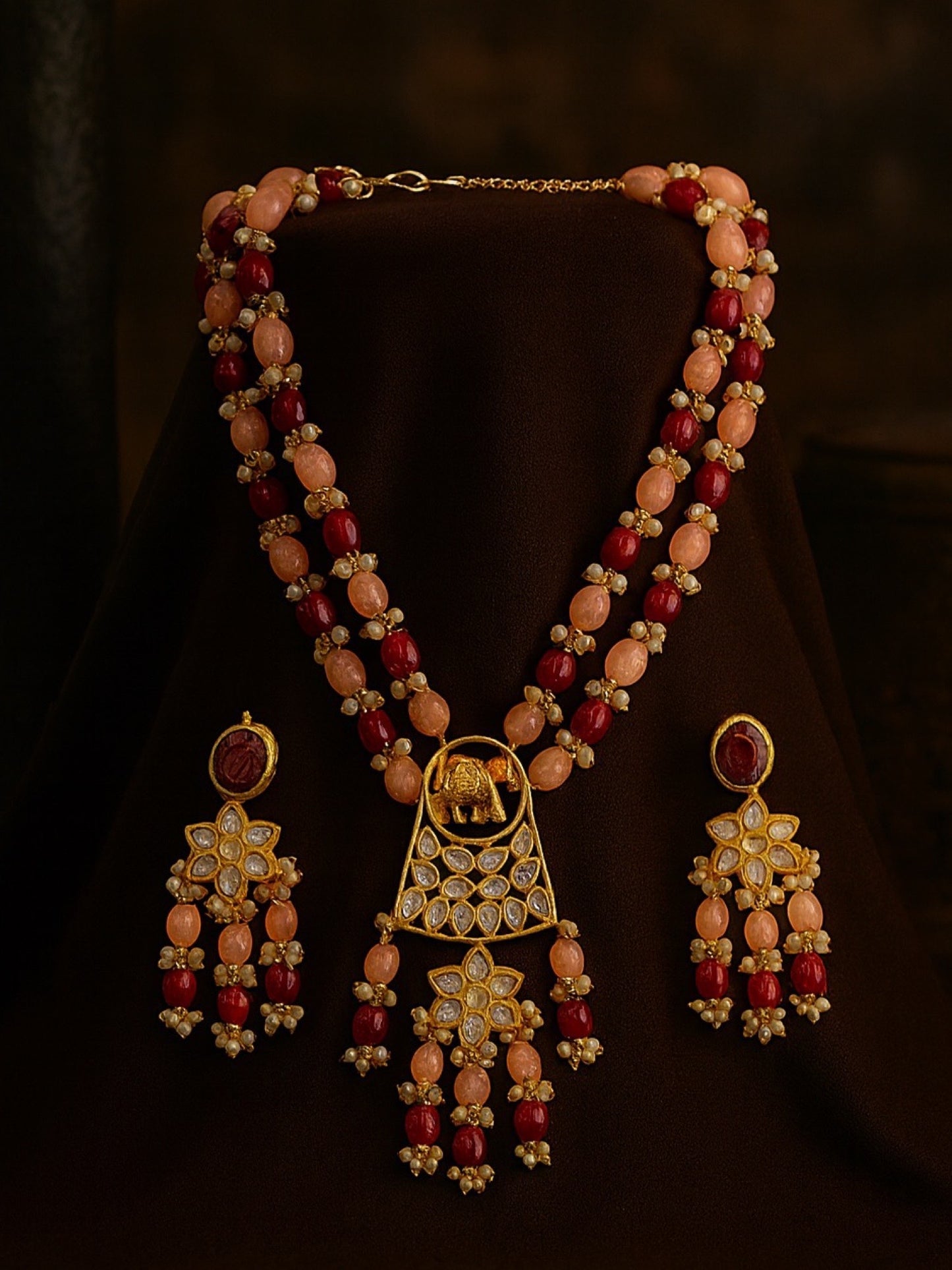 Elephant Pendant Red/Peach Beads & Pearl Mala Necklace Set