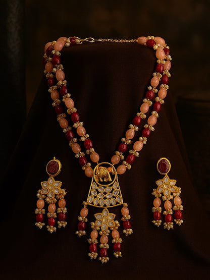 Elephant Pendant Red/Peach Beads & Pearl Mala Necklace Set