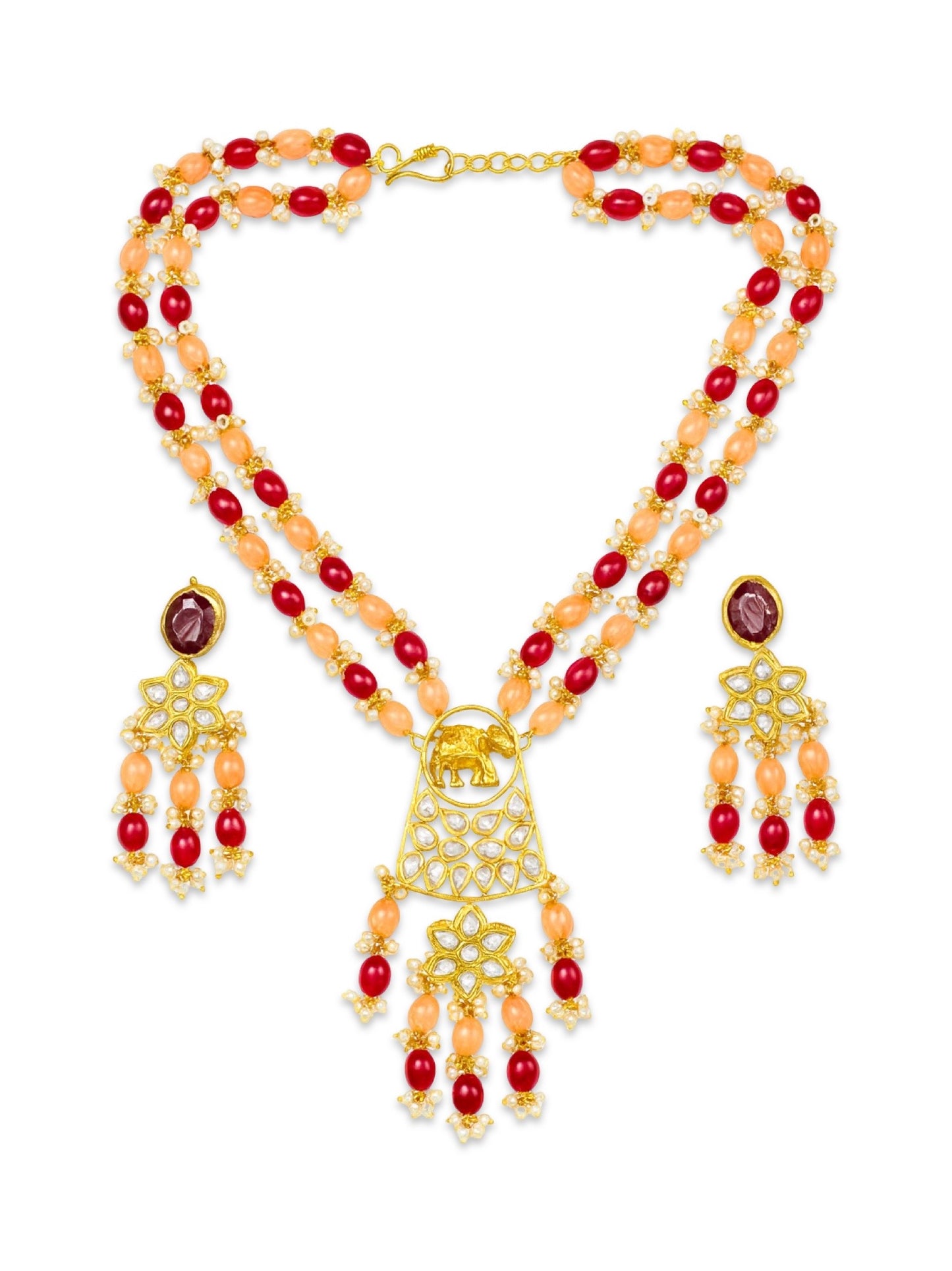 Elephant Pendant Red/Peach Beads & Pearl Mala Necklace Set