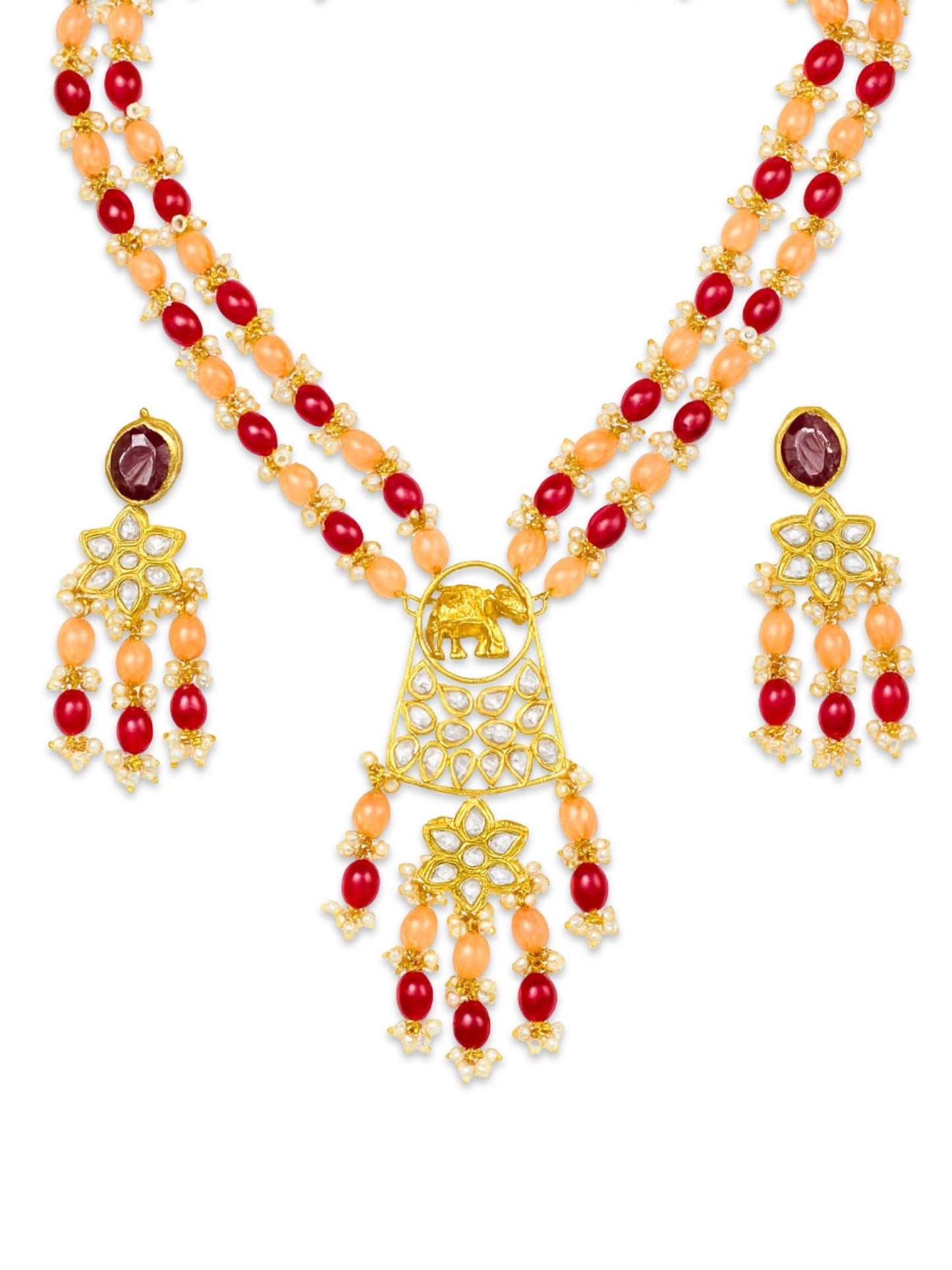 Elephant Pendant Red/Peach Beads & Pearl Mala Necklace Set