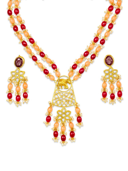 Elephant Pendant Red/Peach Beads & Pearl Mala Necklace Set