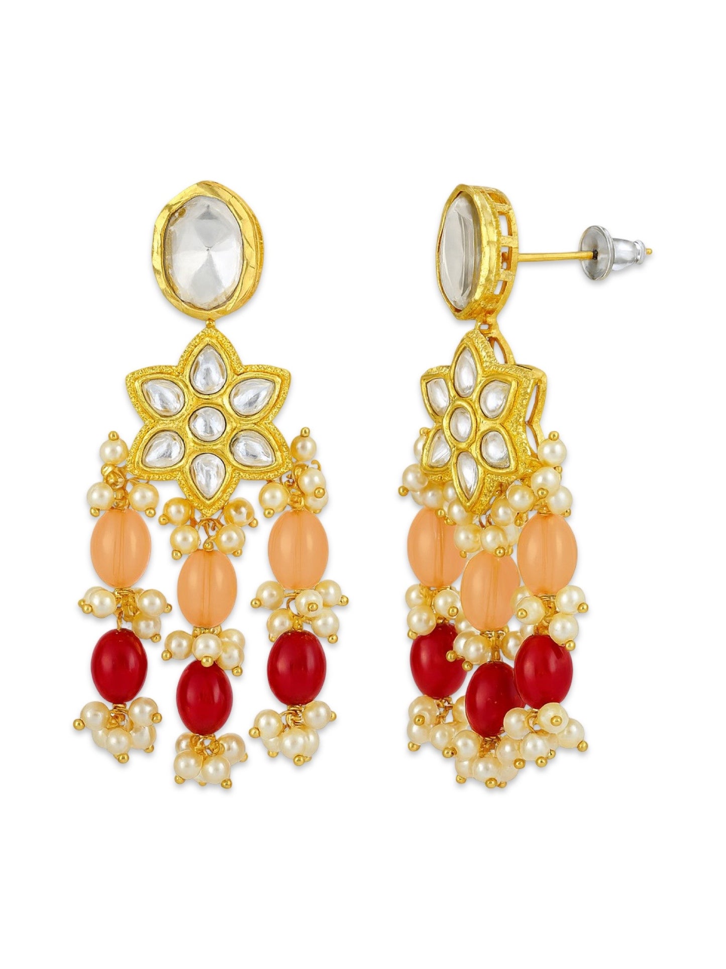 Elephant Pendant Red/Peach Beads & Pearl Mala Necklace Set