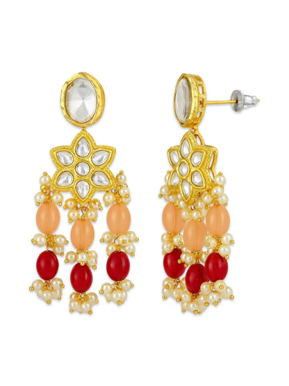 Elephant Pendant Red/Peach Beads & Pearl Mala Necklace Set