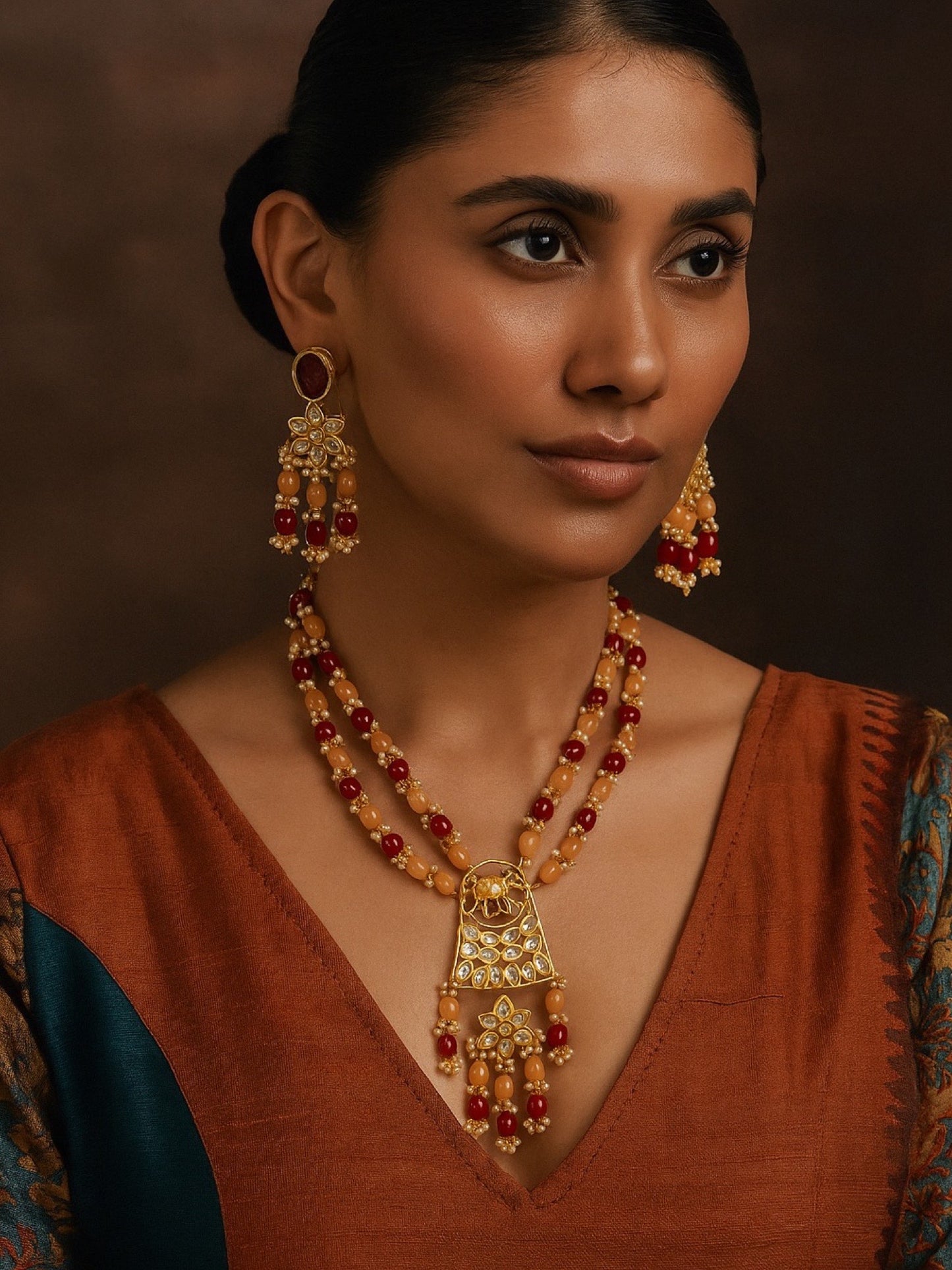 Elephant Pendant Red/Peach Beads & Pearl Mala Necklace Set