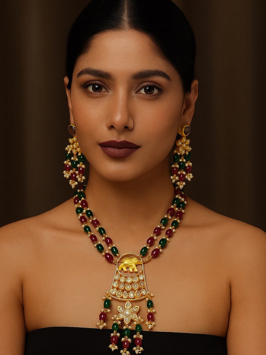 Elephant Pendant Green/Maroon Beads & Pearl Mala Necklace Set