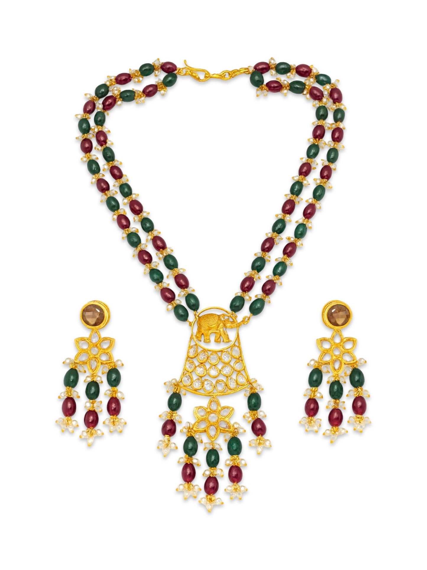 Elephant Pendant Green/Maroon Beads & Pearl Mala Necklace Set