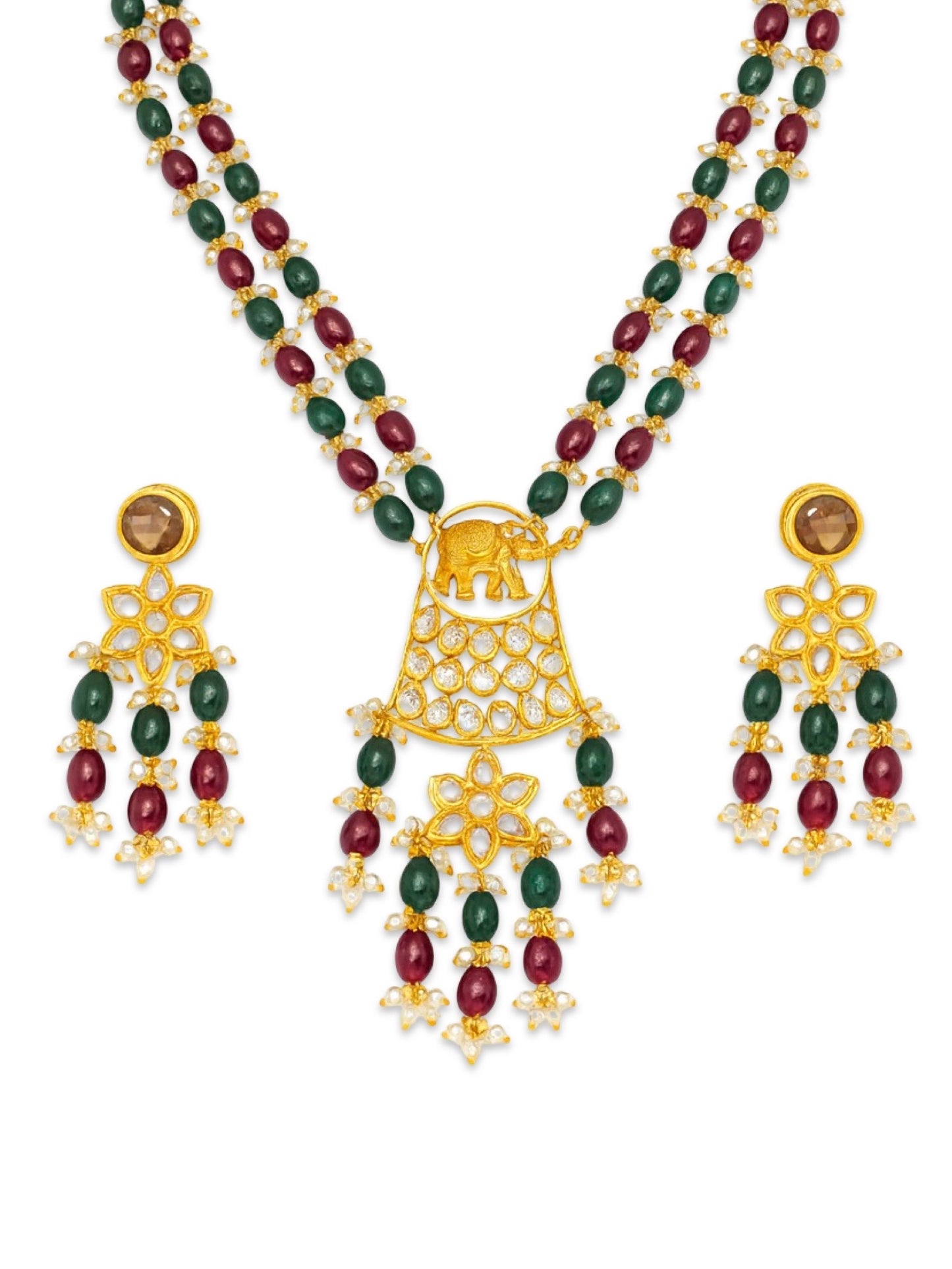 Elephant Pendant Green/Maroon Beads & Pearl Mala Necklace Set