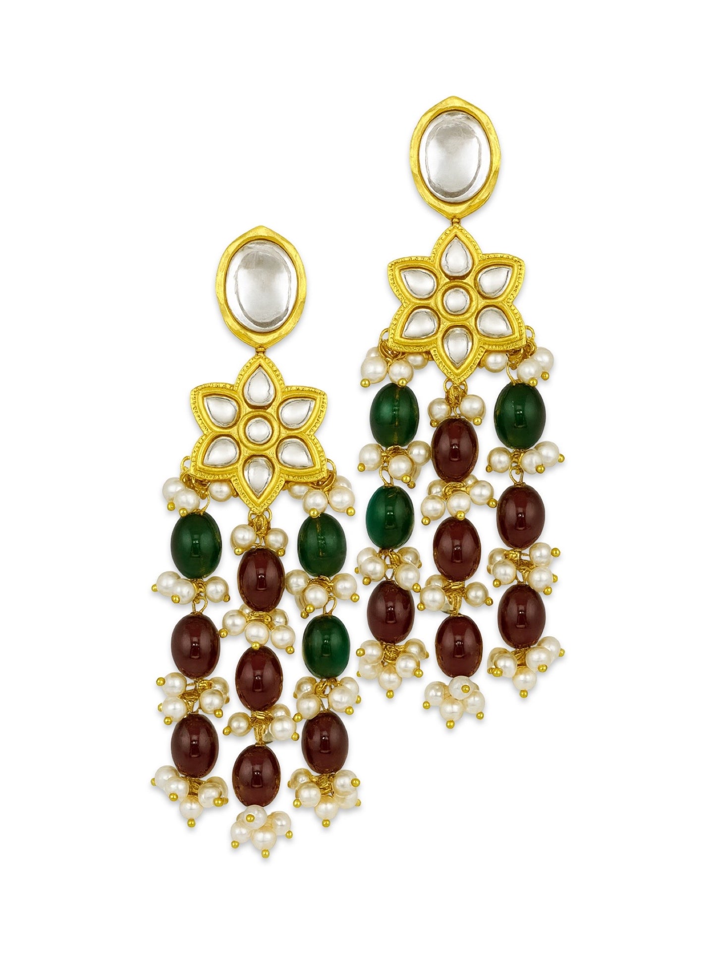 Elephant Pendant Green/Maroon Beads & Pearl Mala Necklace Set