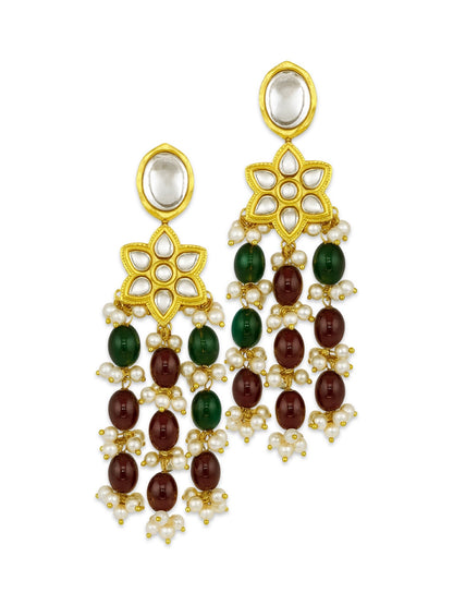 Elephant Pendant Green/Maroon Beads & Pearl Mala Necklace Set