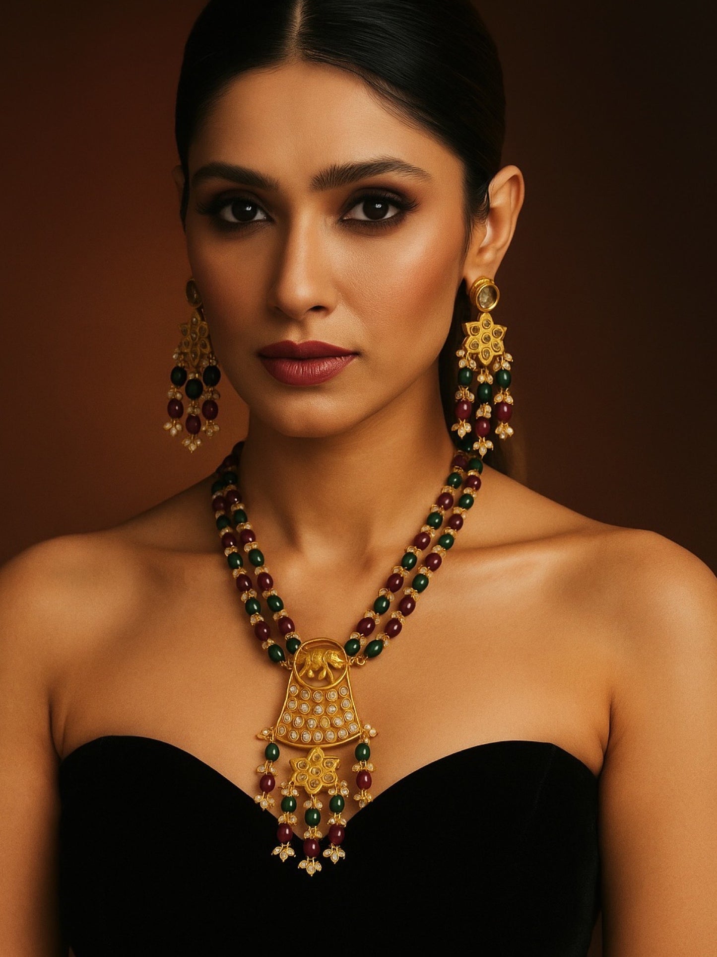Elephant Pendant Green/Maroon Beads & Pearl Mala Necklace Set