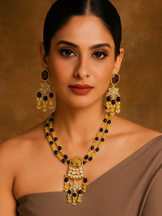 Elephant Pendant Black/Lemon Beads & Pearl Mala Necklace Set