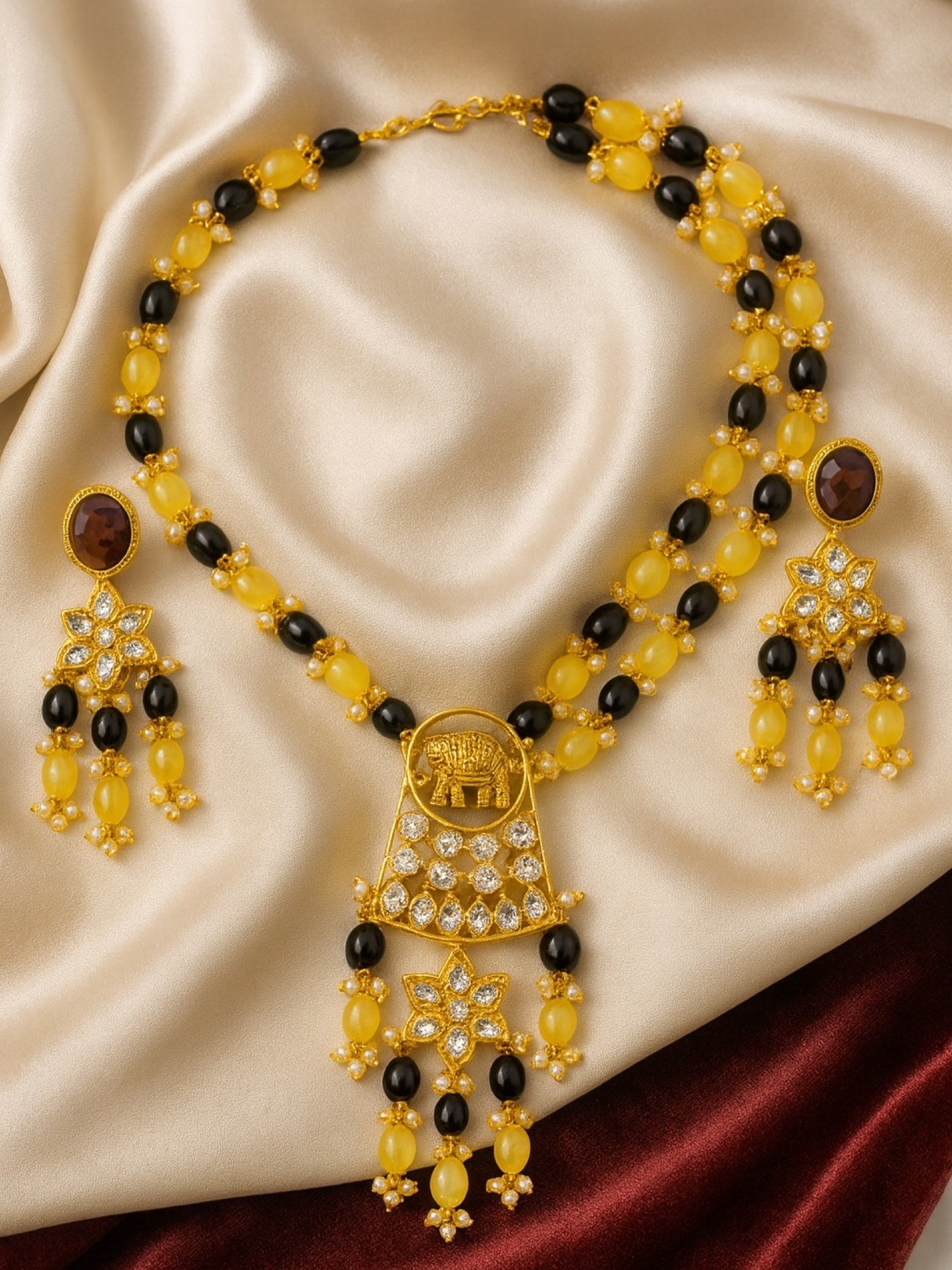 Elephant Pendant Black/Lemon Beads & Pearl Mala Necklace Set