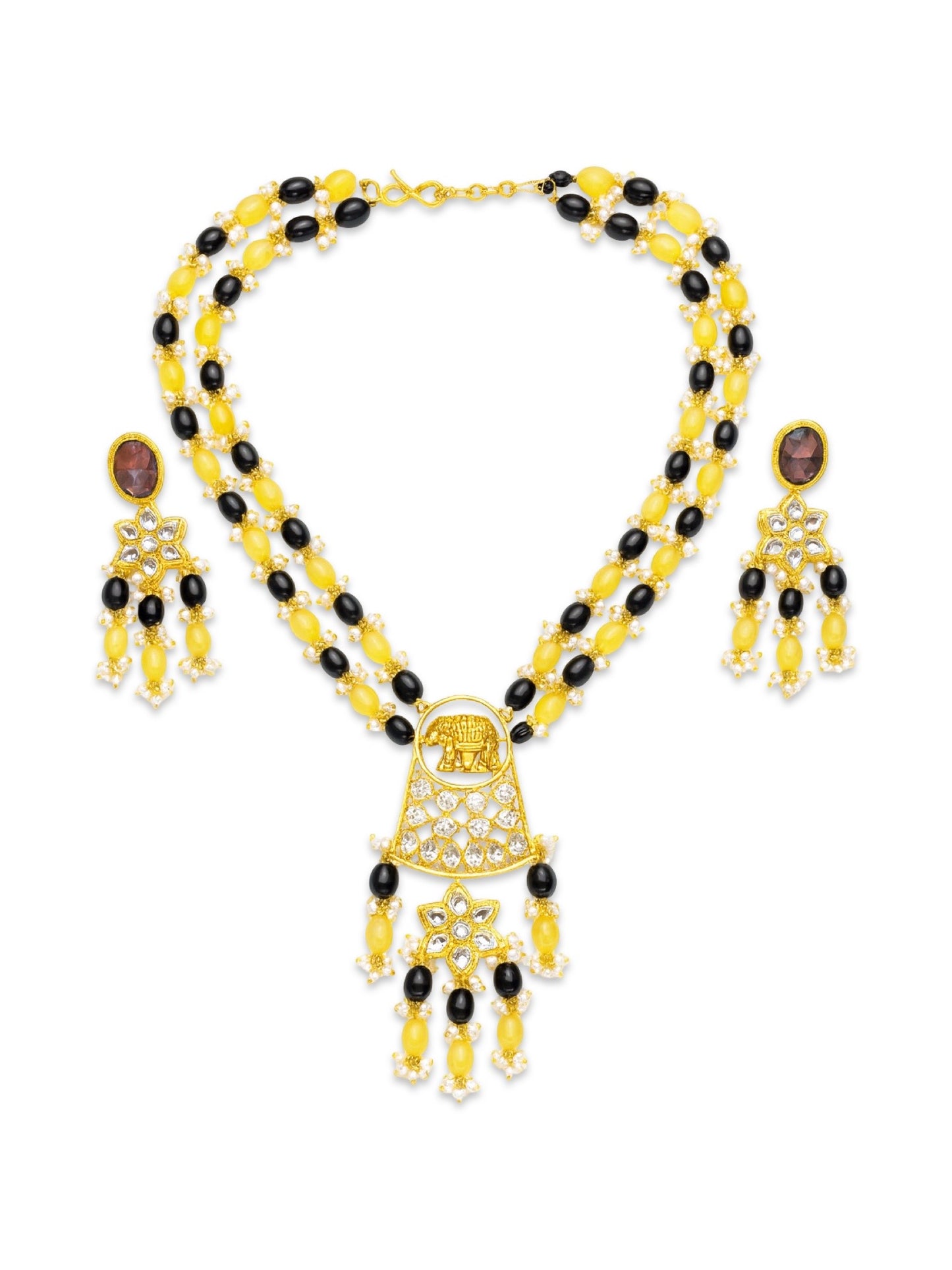 Elephant Pendant Black/Lemon Beads & Pearl Mala Necklace Set