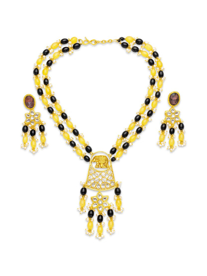 Elephant Pendant Black/Lemon Beads & Pearl Mala Necklace Set