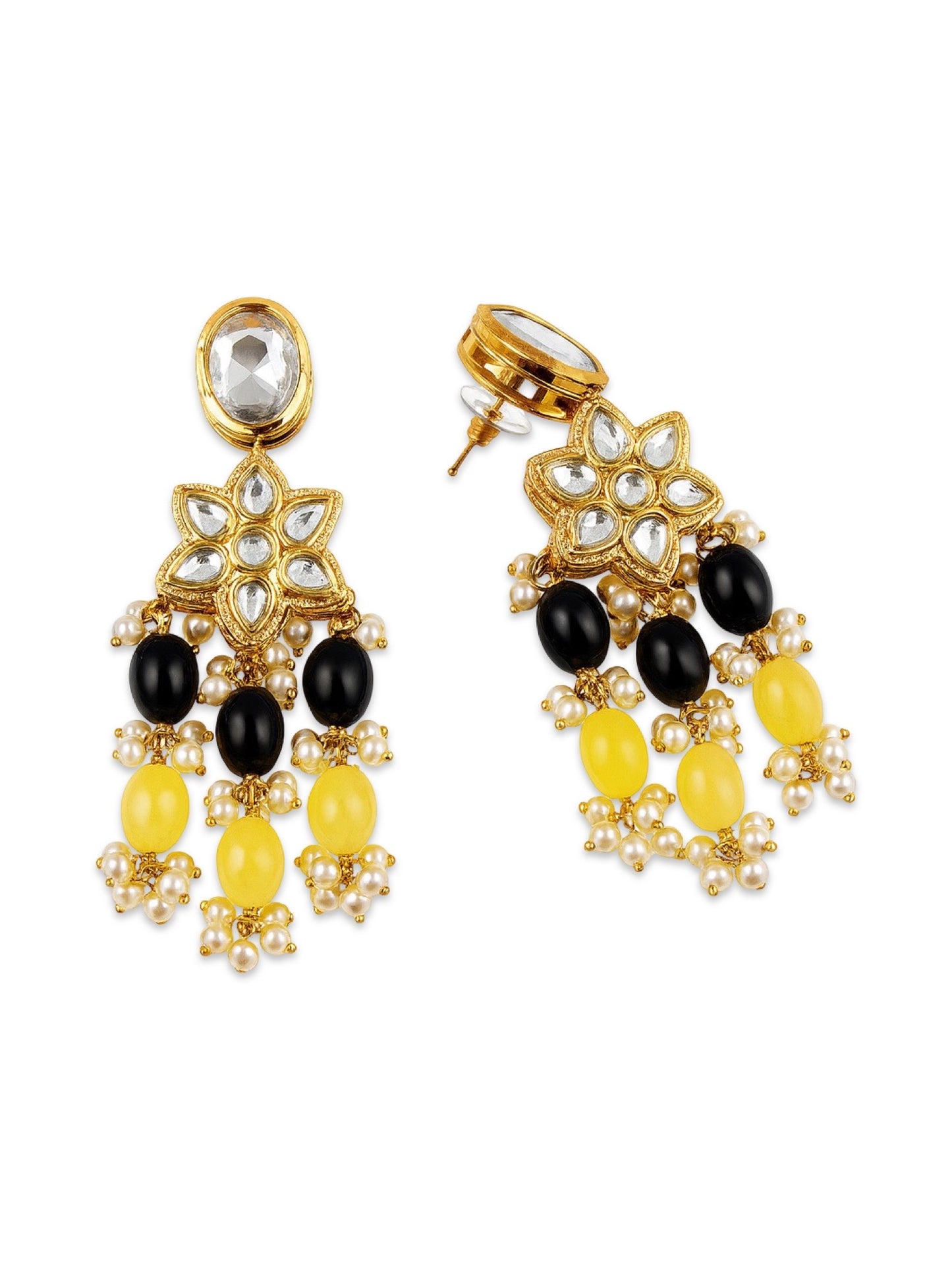 Elephant Pendant Black/Lemon Beads & Pearl Mala Necklace Set