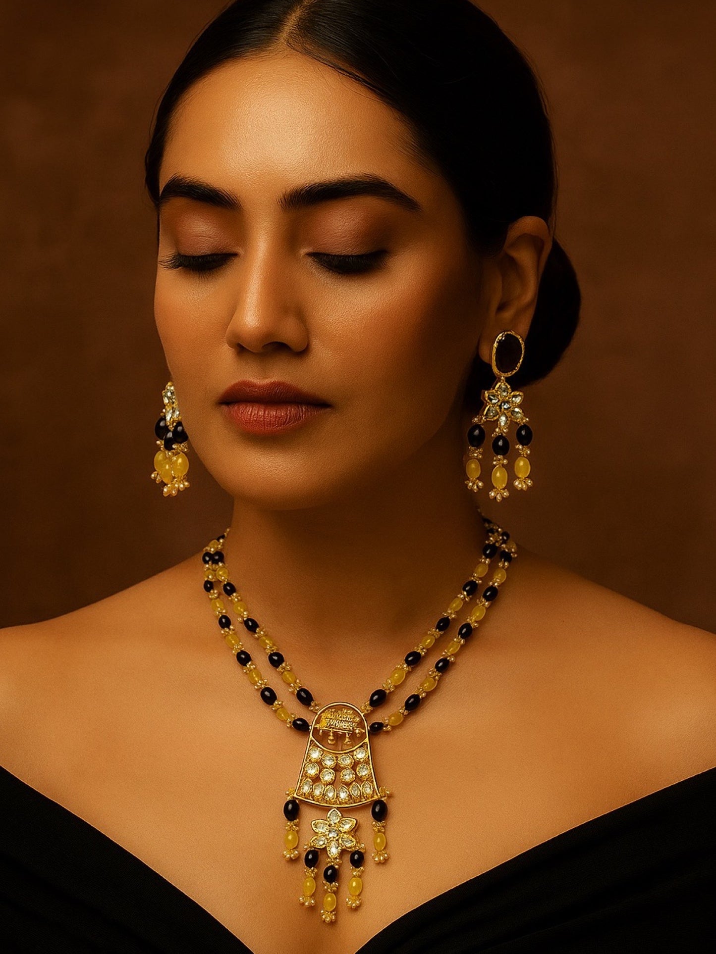 Elephant Pendant Black/Lemon Beads & Pearl Mala Necklace Set