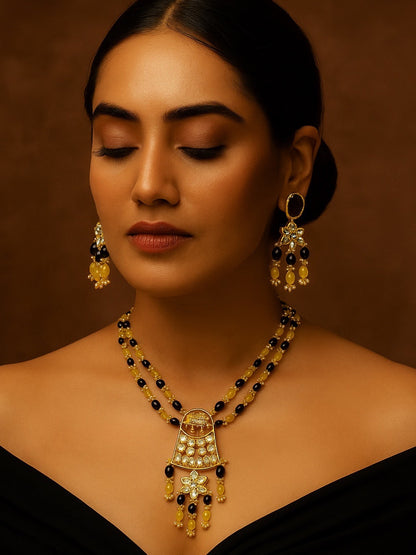 Elephant Pendant Black/Lemon Beads & Pearl Mala Necklace Set