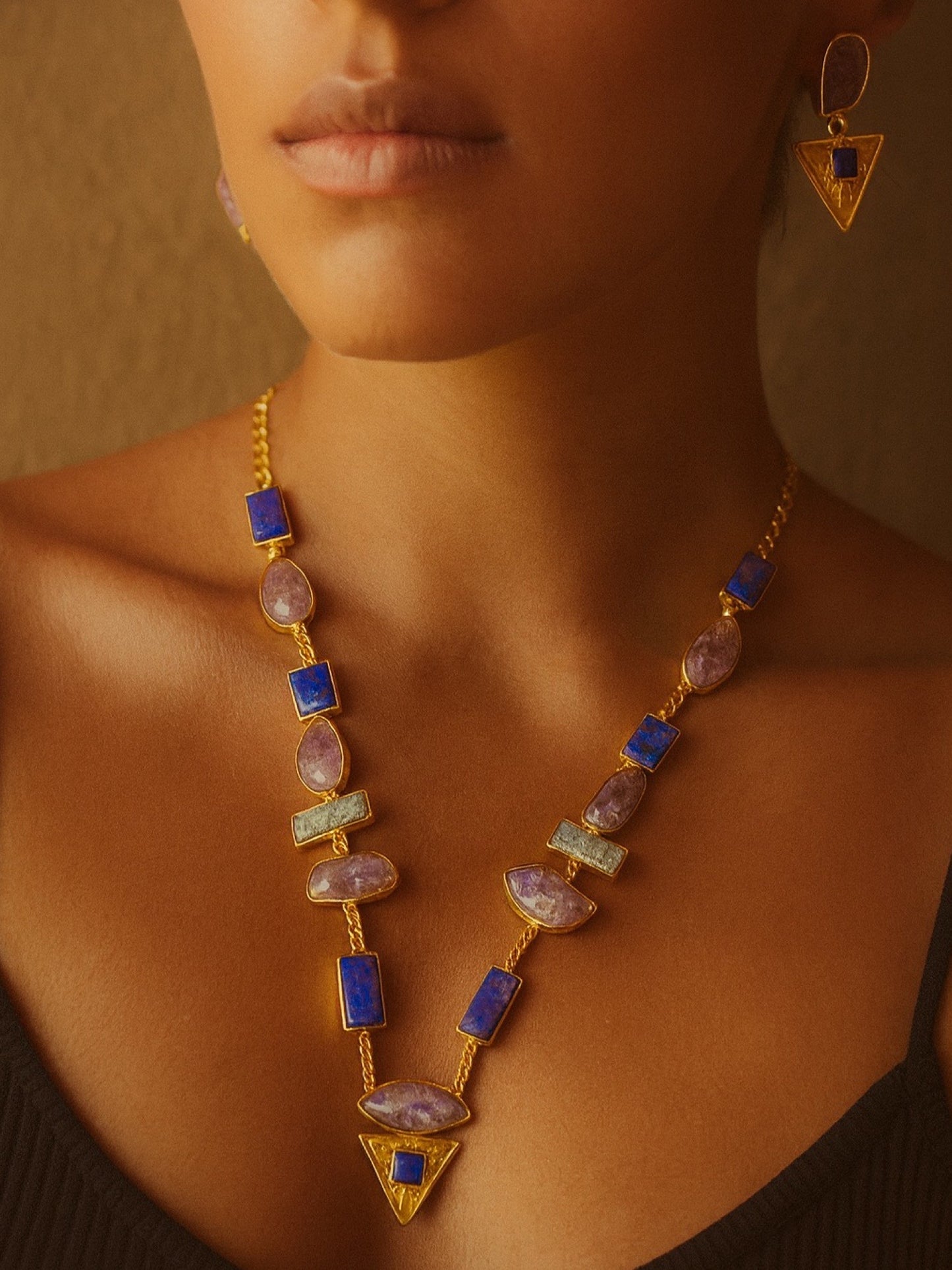 Semi-Precious Amathist Stone Beads Mala Necklace Set