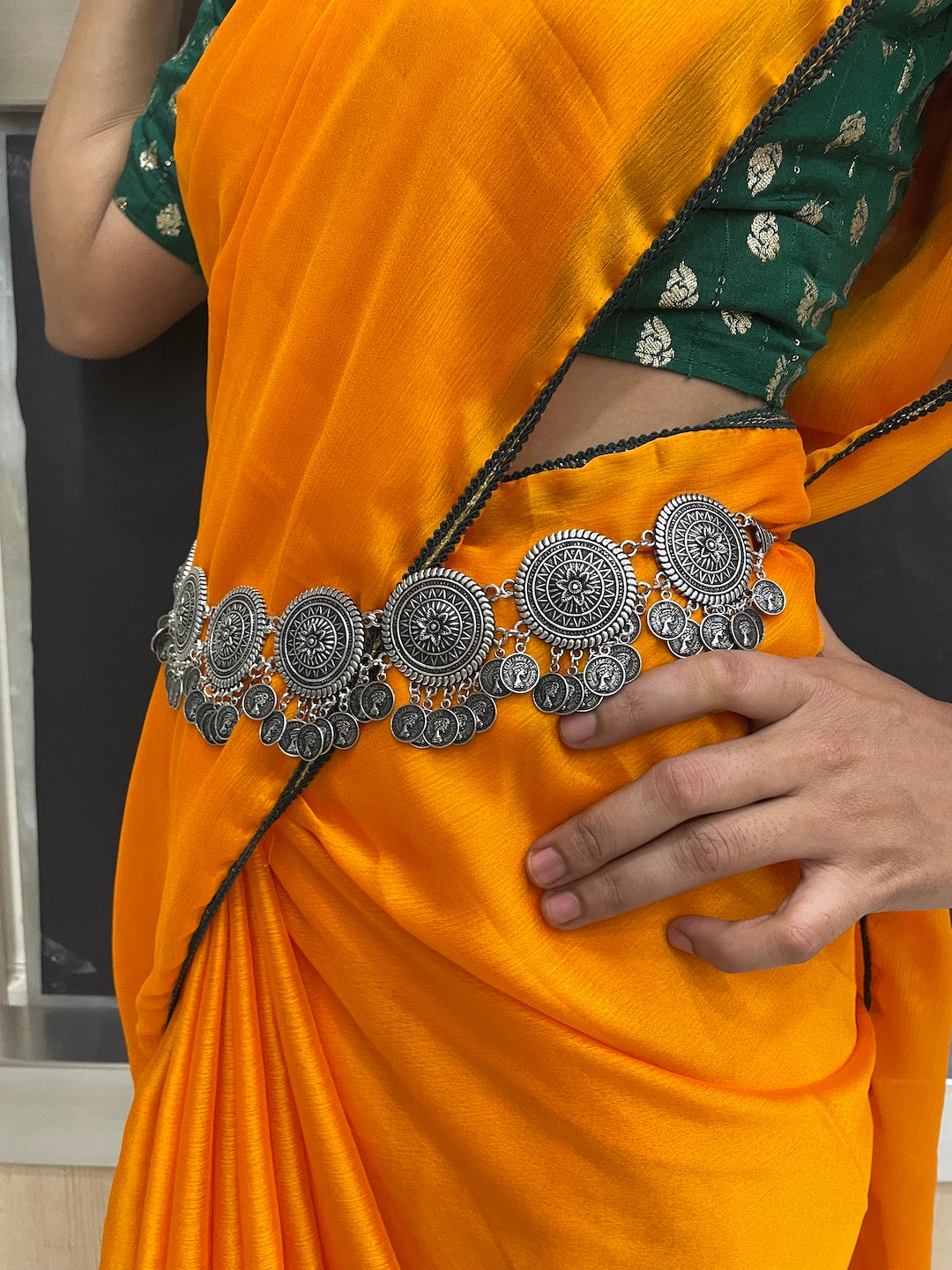 Layered silver kamarband with Ghagra.