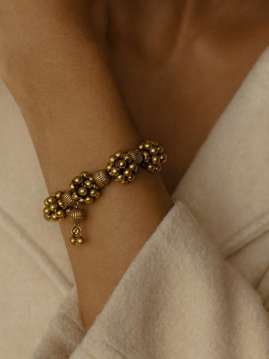 Gold Plated Flower Tribal Cuff Kada/Bangle/Bracelet With Ghungroo Design