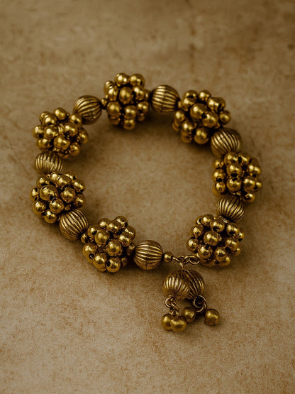 Gold Plated Flower Tribal Cuff Kada/Bangle/Bracelet With Ghungroo Design