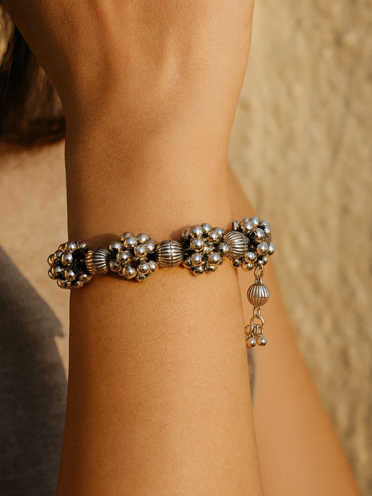 Silver Oxidised Flower Tribal Cuff Kada/Bangle/Bracelet With Ghungroo Design