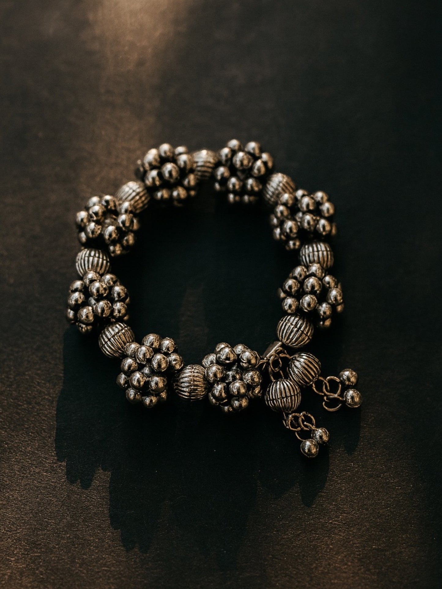 Silver Oxidised Flower Tribal Cuff Kada/Bangle/Bracelet With Ghungroo Design