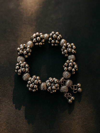 Silver Oxidised Flower Tribal Cuff Kada/Bangle/Bracelet With Ghungroo Design