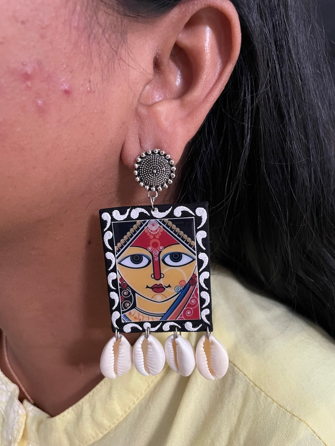 Hand Painted Maa Durga/Sea Shell Earring