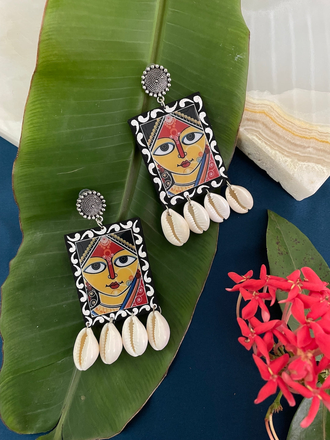 Hand Painted Maa Durga/Sea Shell Earring