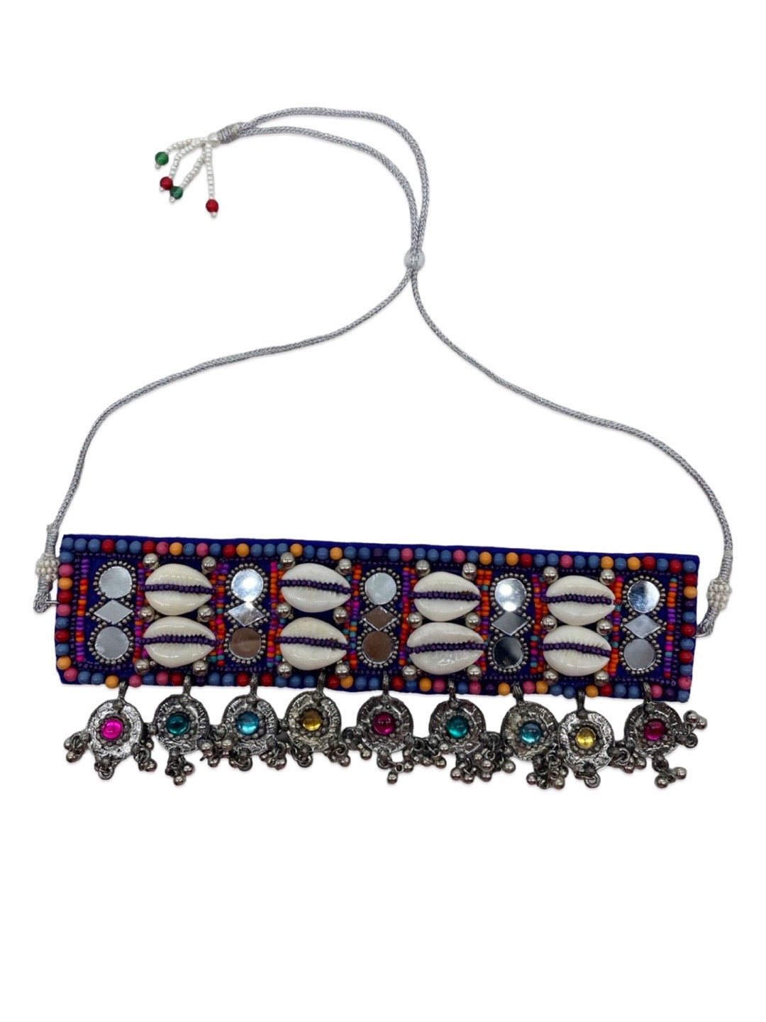 Beaded Choker Necklace Mirror Work With Sea Shells & Ghungroo Design Jewellery