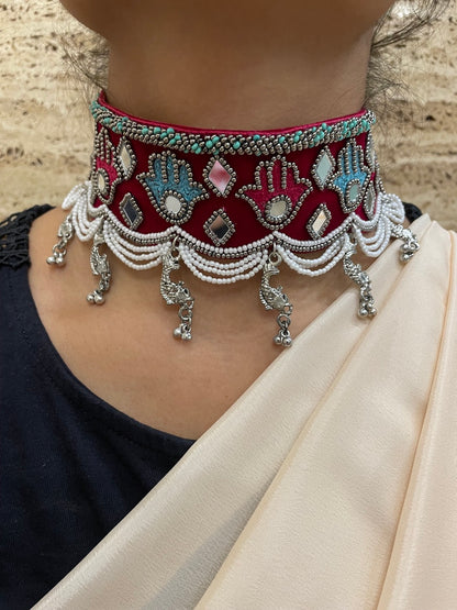 Beaded Choker Necklace Hamsa Design