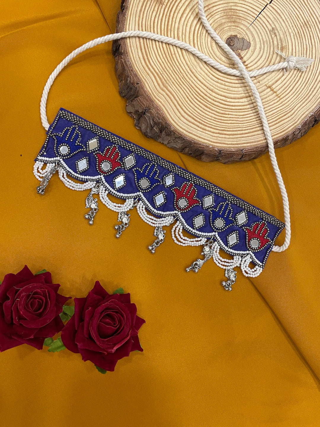 Beaded Choker Necklace Embroidery Hamsa Mirror Work With Pearl Design Jewellery