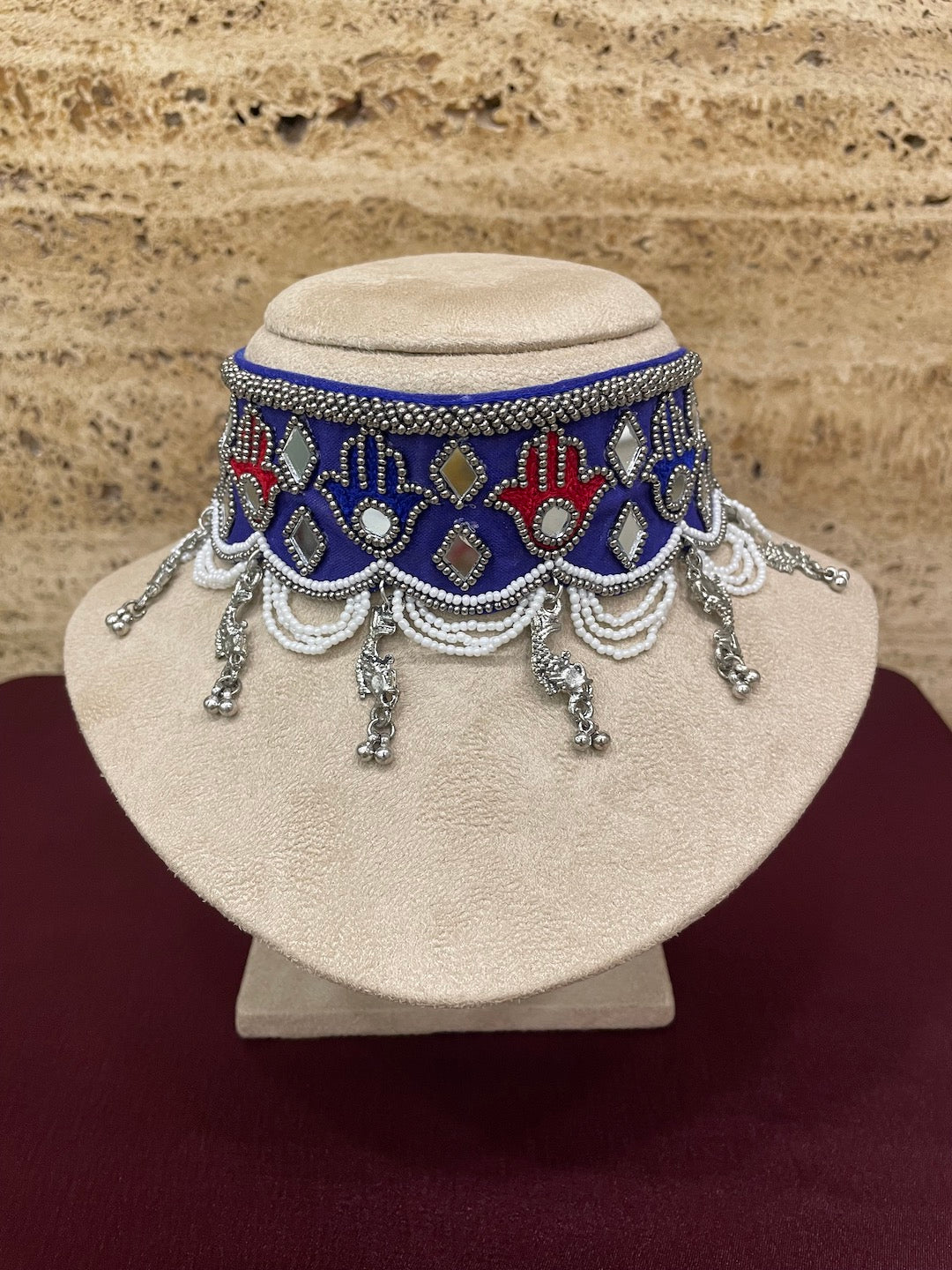 Beaded Choker Necklace Embroidery Hamsa Mirror Work With Pearl Design Jewellery