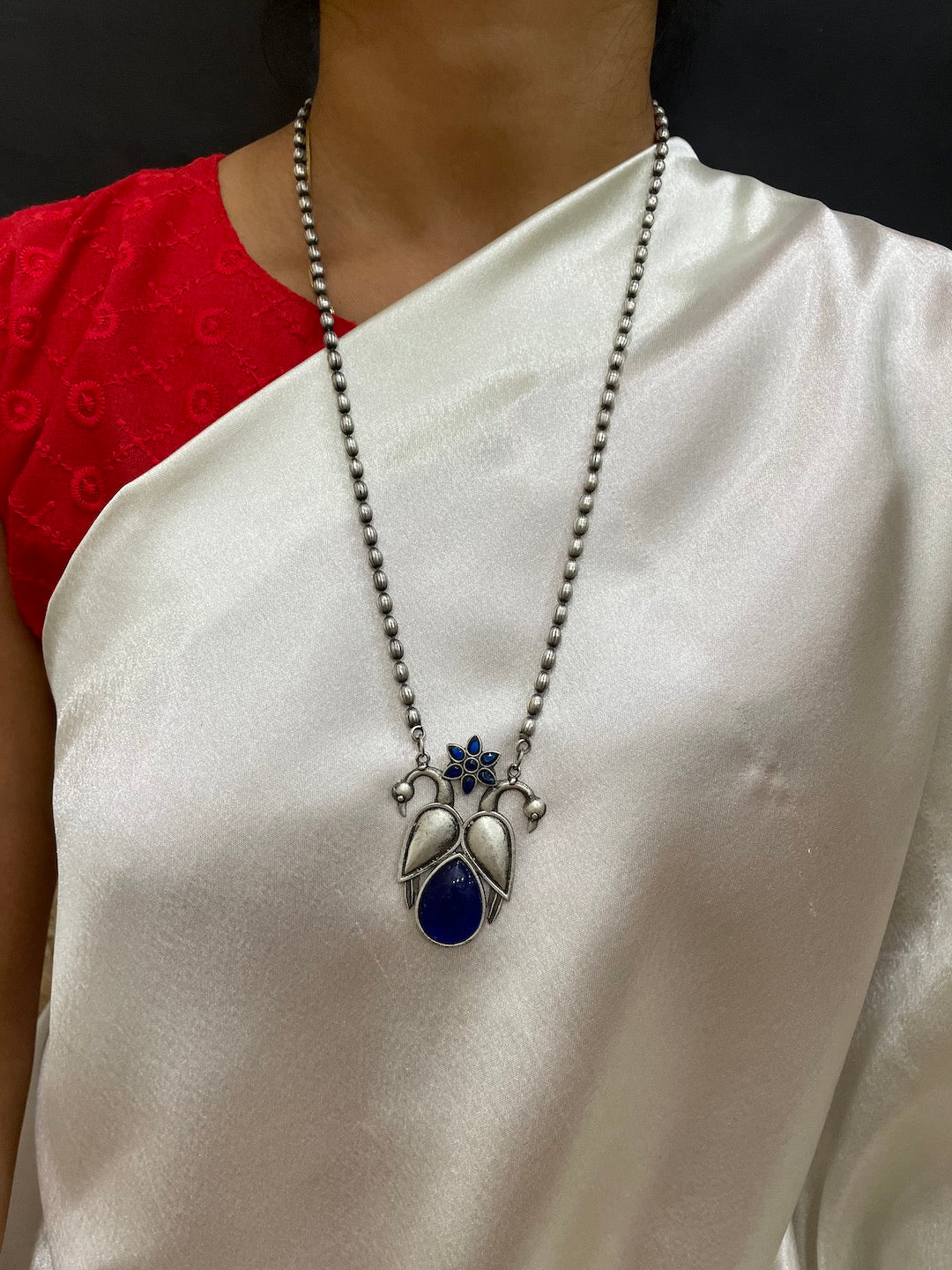 Silver Necklace Peacock Blue Stone