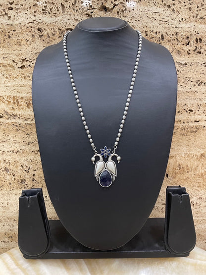 Silver Necklace Peacock Blue Stone