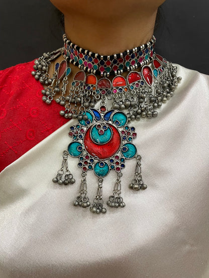 Silver Choker Necklace Enamel Ghungroo