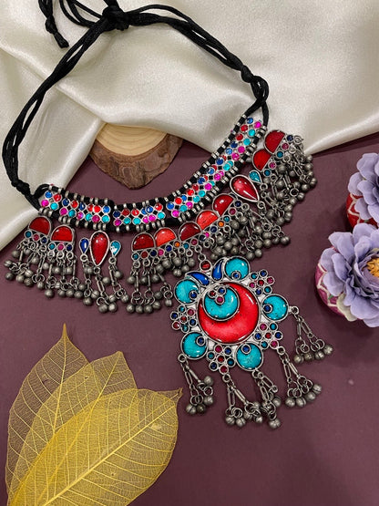 Silver Choker Necklace Enamel Ghungroo