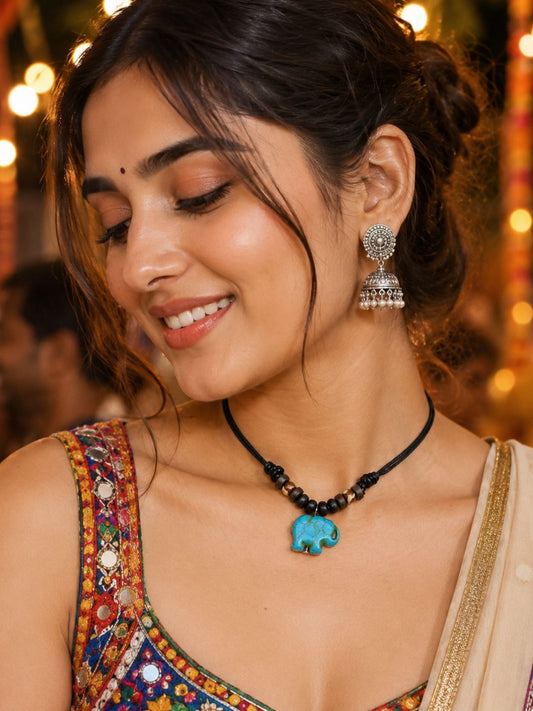 Blue Elephant Pendant Black Thread Necklace for Navaratri