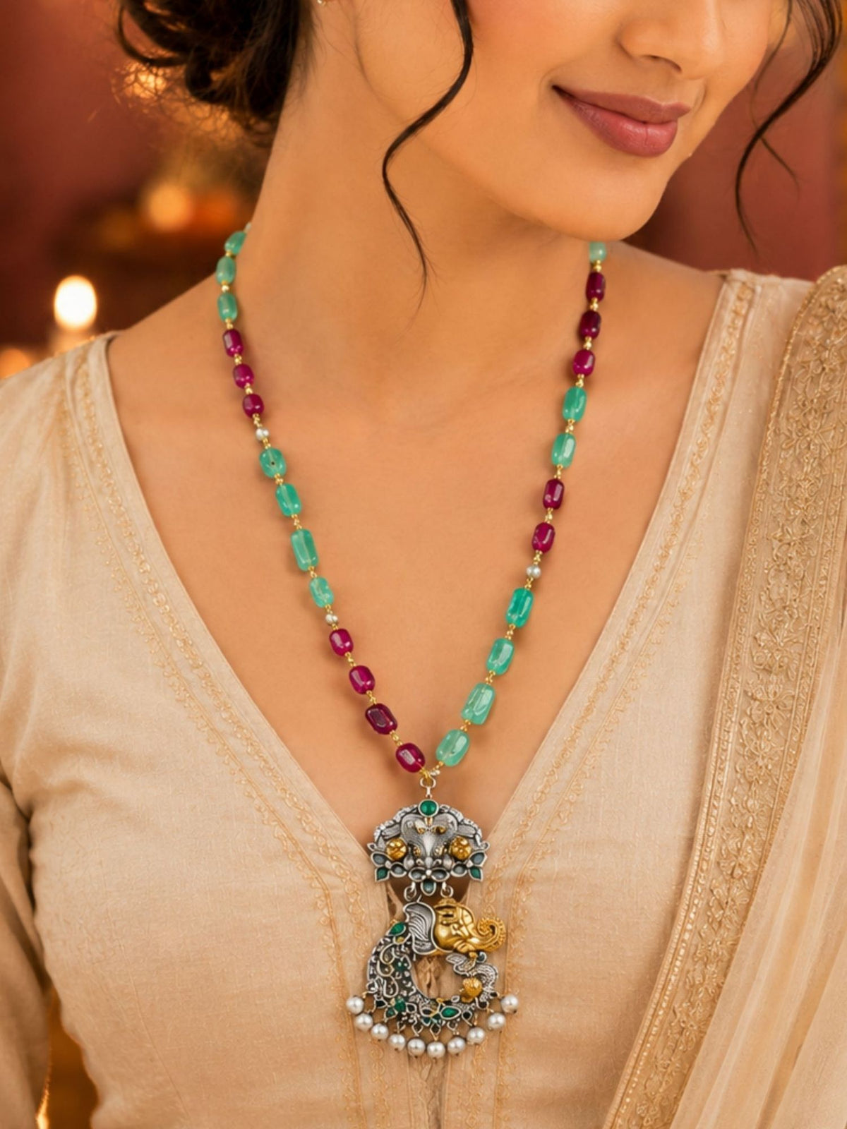 Beaded Lord Ganesha Pendant Necklace for Navaratri