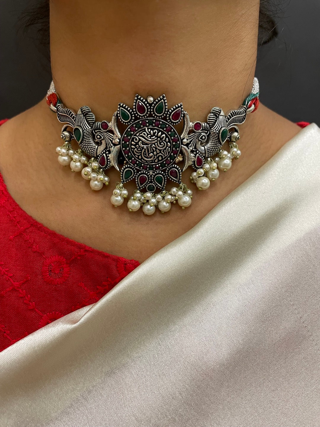 Choker Necklace Set Peacock/Pearl Design