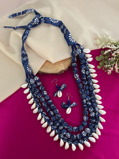 Blue Fabric Sea Shell Necklace Set