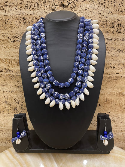 Blue Fabric Sea Shell Necklace Set